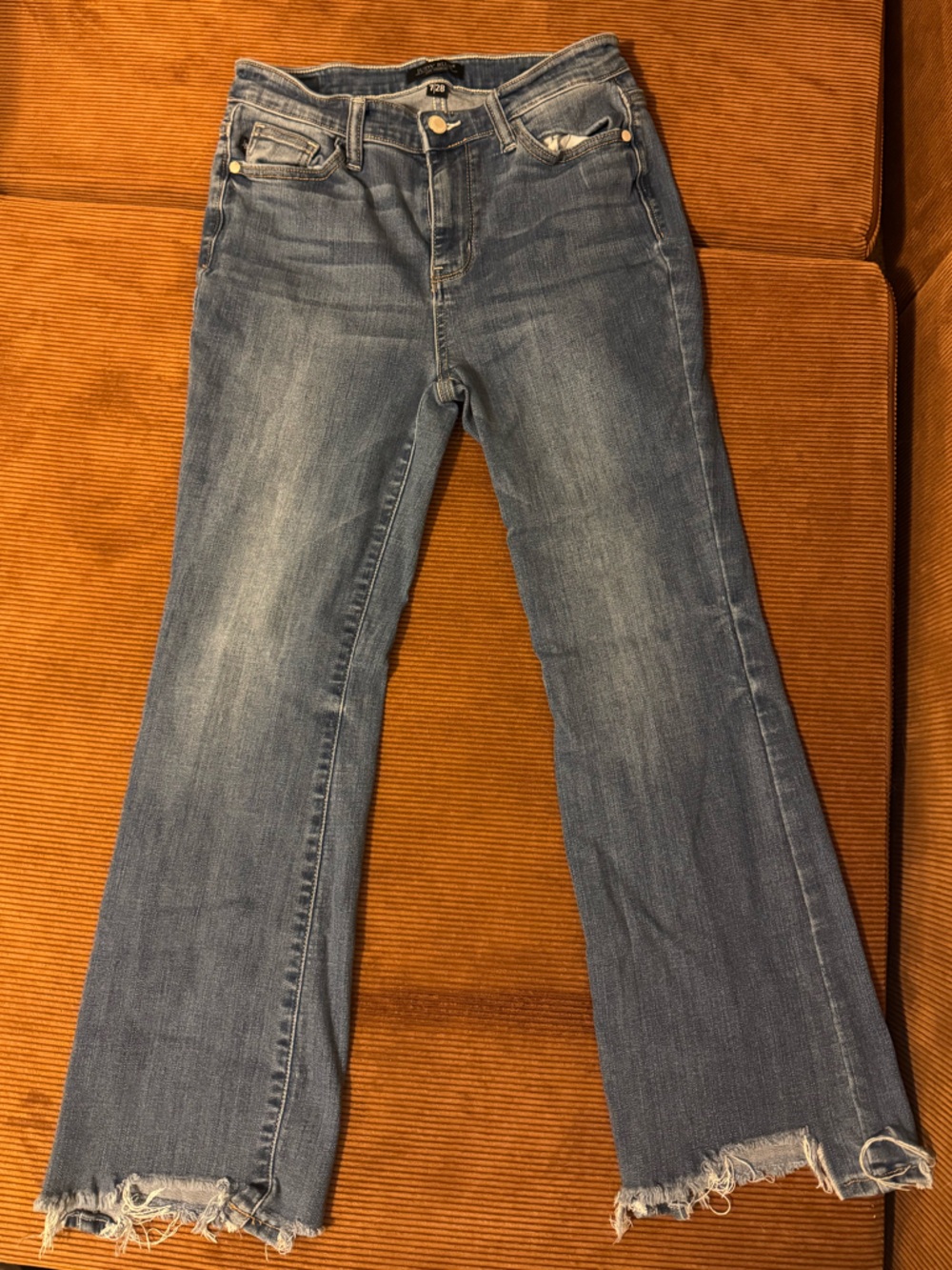 Judy Blue Cropped Bootcut Jeans Size 7/28 Medium Wash Raw Hem Stretch Denim